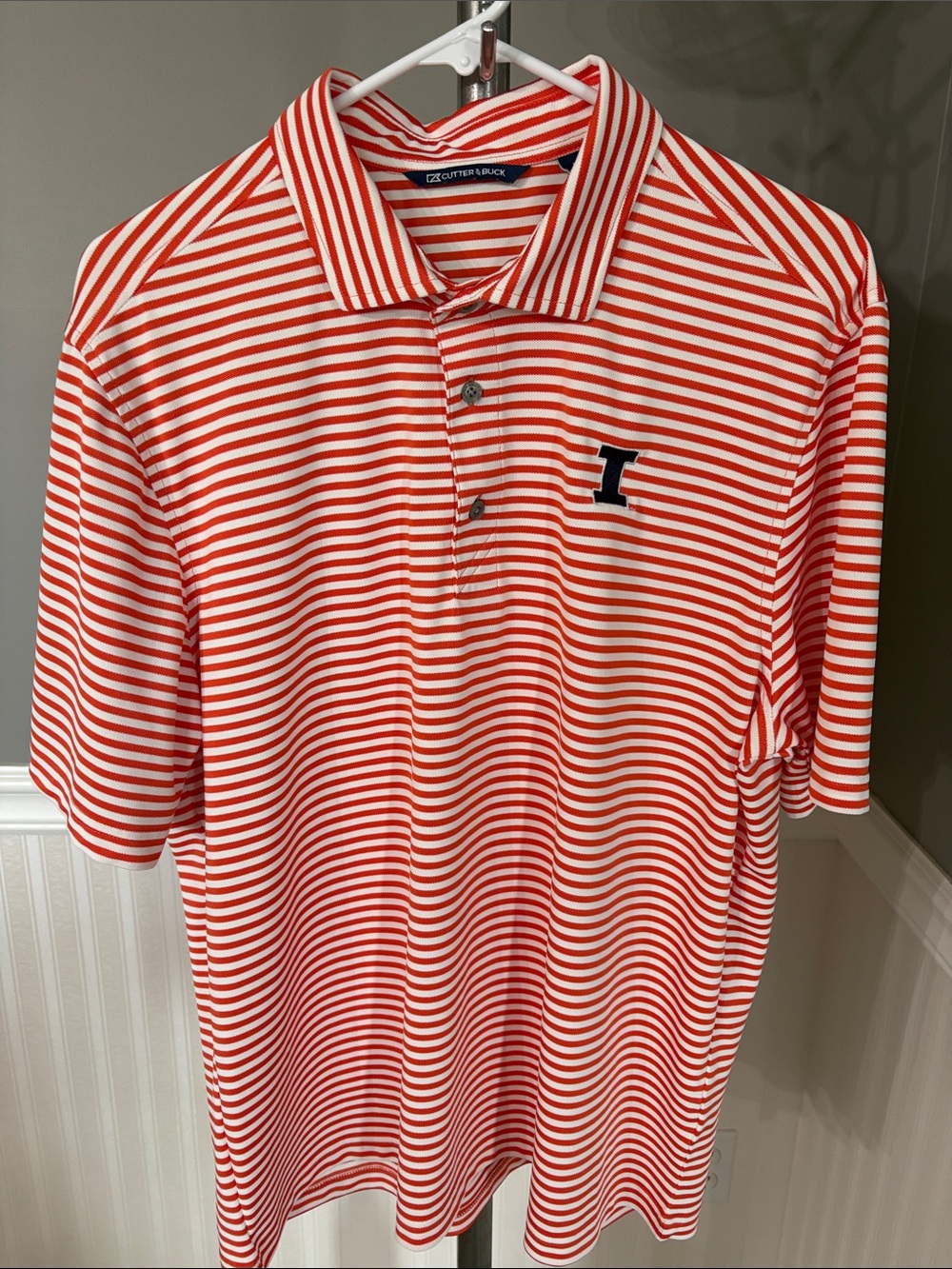Cutter & Buck Red and White Striped Polo with Embroidered Illinois logo size L